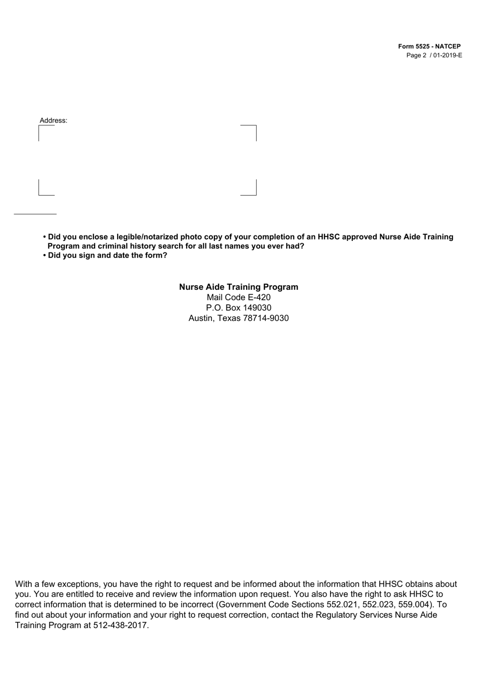 Form 5525-NATCEP Request to Take the Competency Evaluation Program (Cep) Based on Completion of Approved Nurse Aide Training Program That Is Currently Closed - Texas, Page 2