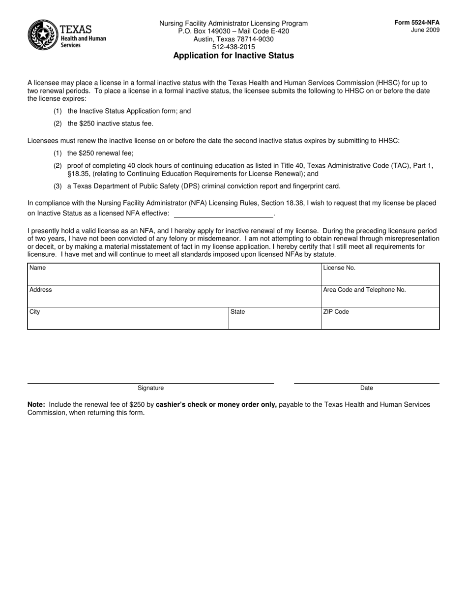 Form 5524-NFA Application for Inactive Status - Texas, Page 1