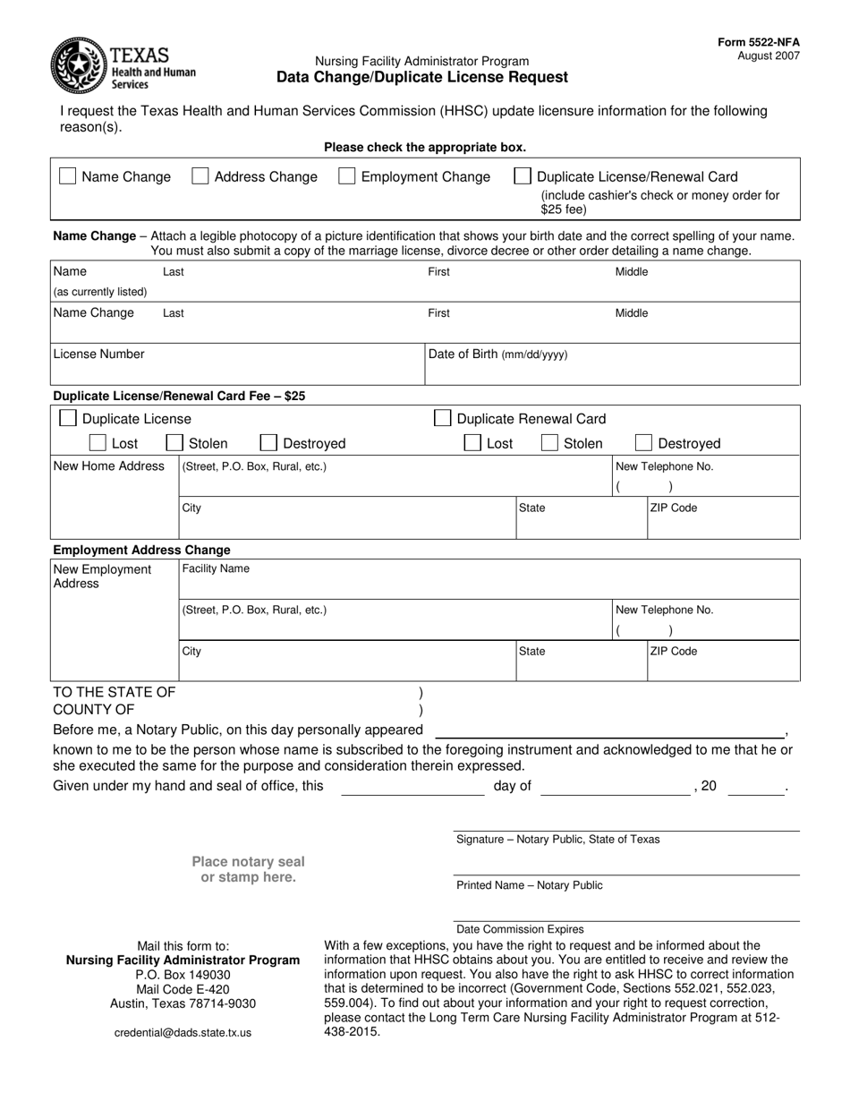Form 5522-NFA Data Change / Duplicate License Request - Texas, Page 1