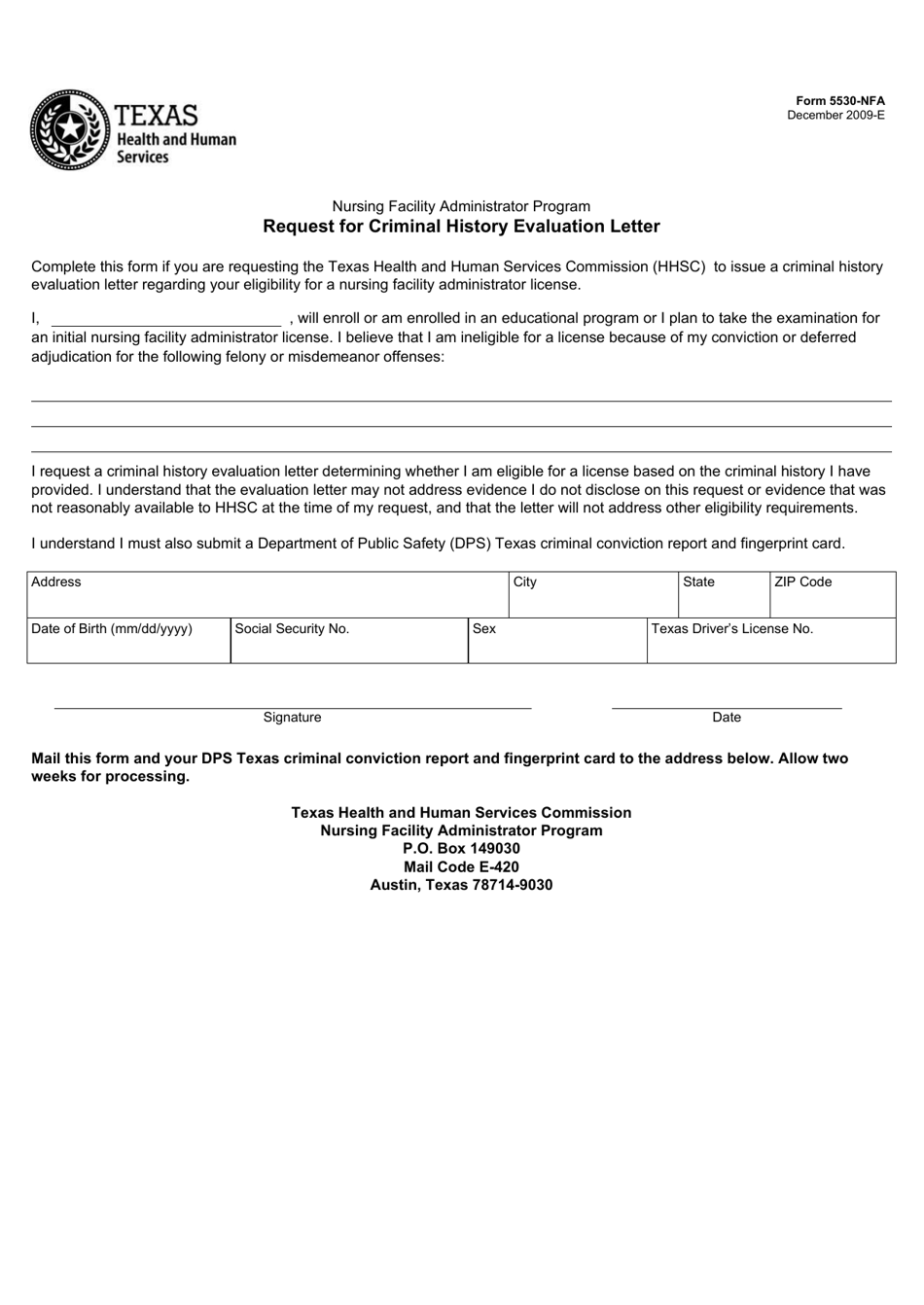 Form 5530-NFA Request for Criminal History Evaluation Letter - Texas, Page 1