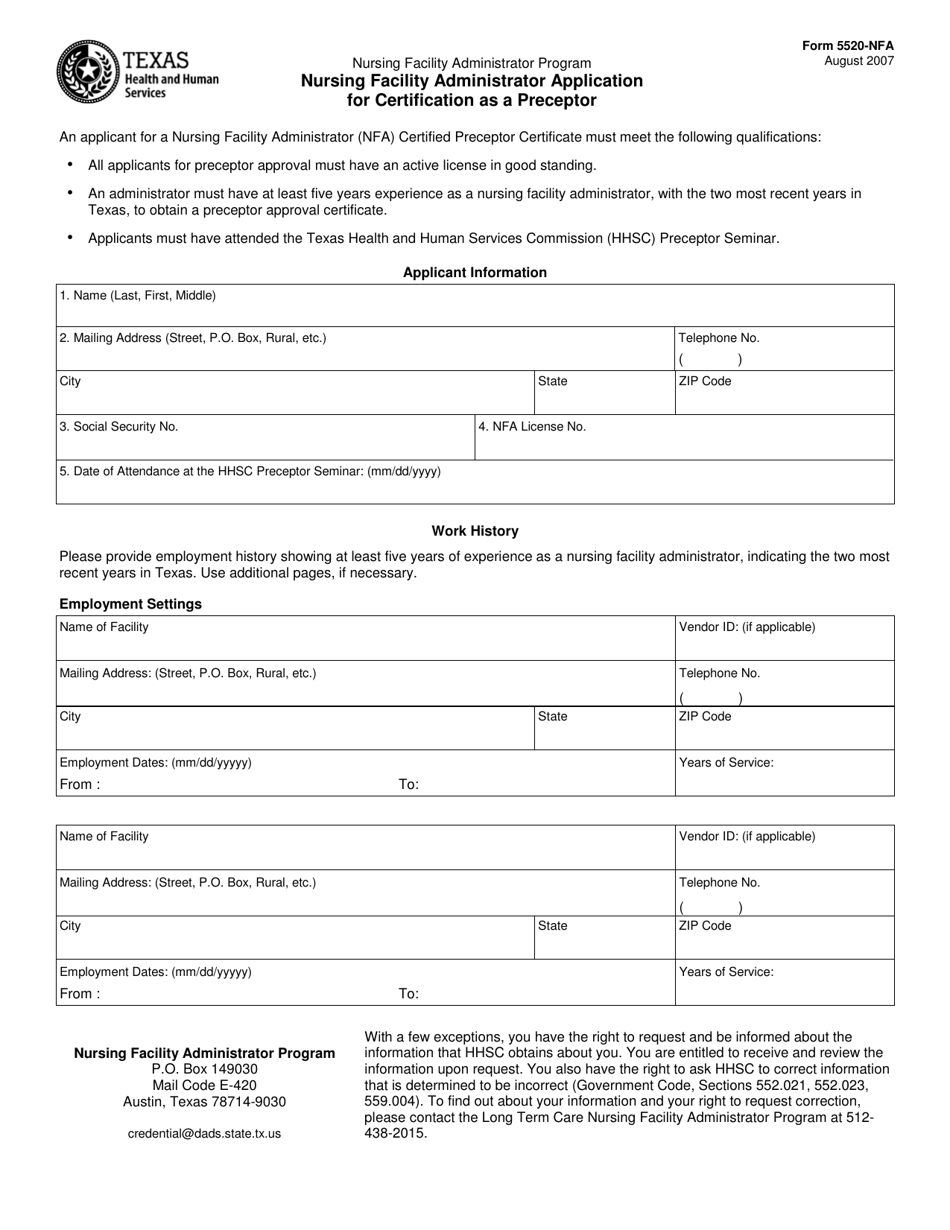 Form 5520-NFA Nursing Facility Administrator Application for Certification as a Preceptor - Texas, Page 1
