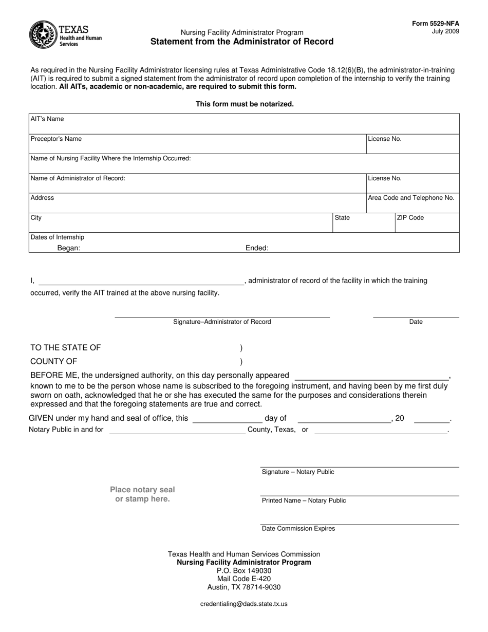 Form 5529-NFA Statement From the Administrator of Record - Texas, Page 1