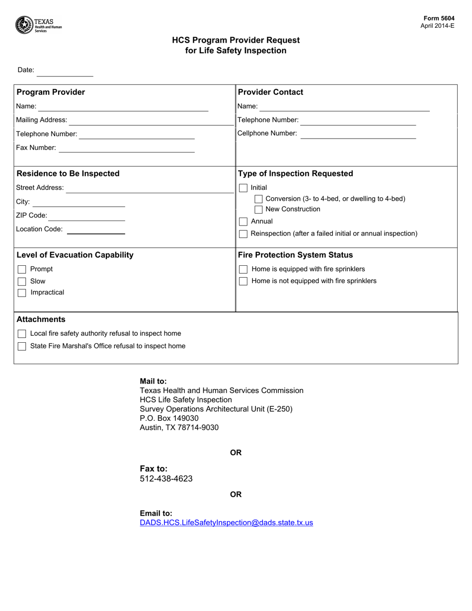 Form 5604 Hcs Program Provider Request for Life Safety Inspection - Texas, Page 1