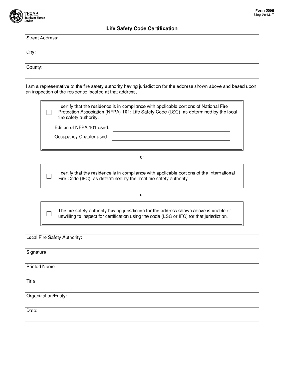 Form 5606 Life Safety Code Certification - Texas, Page 1