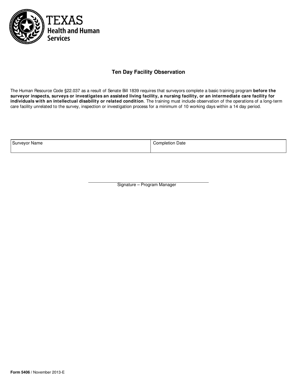 Form 5406 Ten Day Facility Observation - Texas, Page 1