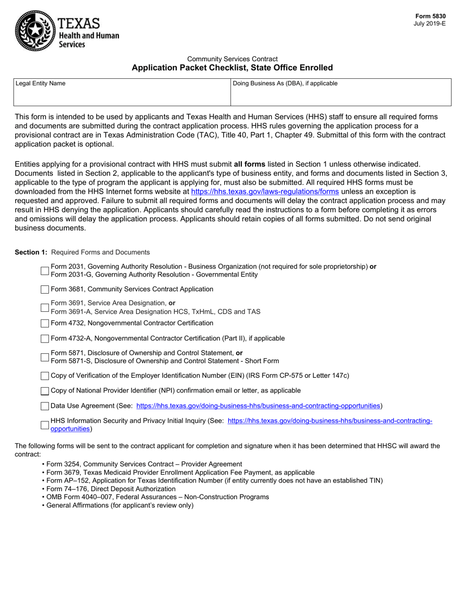 Form 5830 Application Packet Checklist, State Office Enrolled - Texas, Page 1