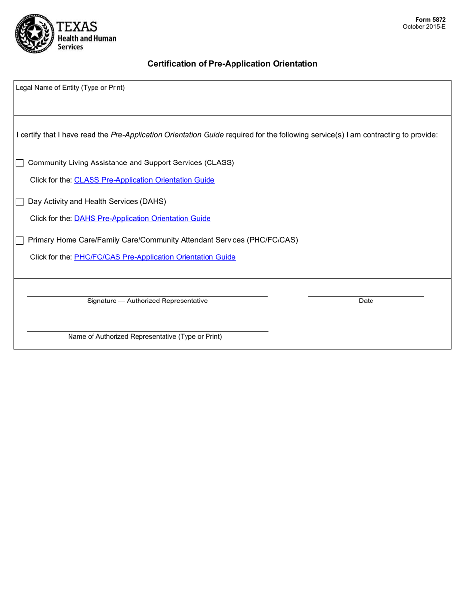 Form 5872 Certification of Pre-application Orientation - Texas, Page 1