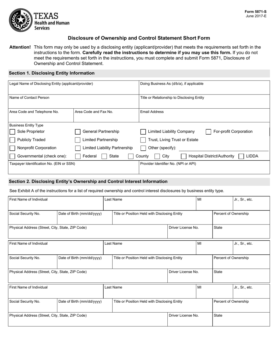 Form 5871-S Disclosure of Ownership and Control Statement Short Form - Texas, Page 1