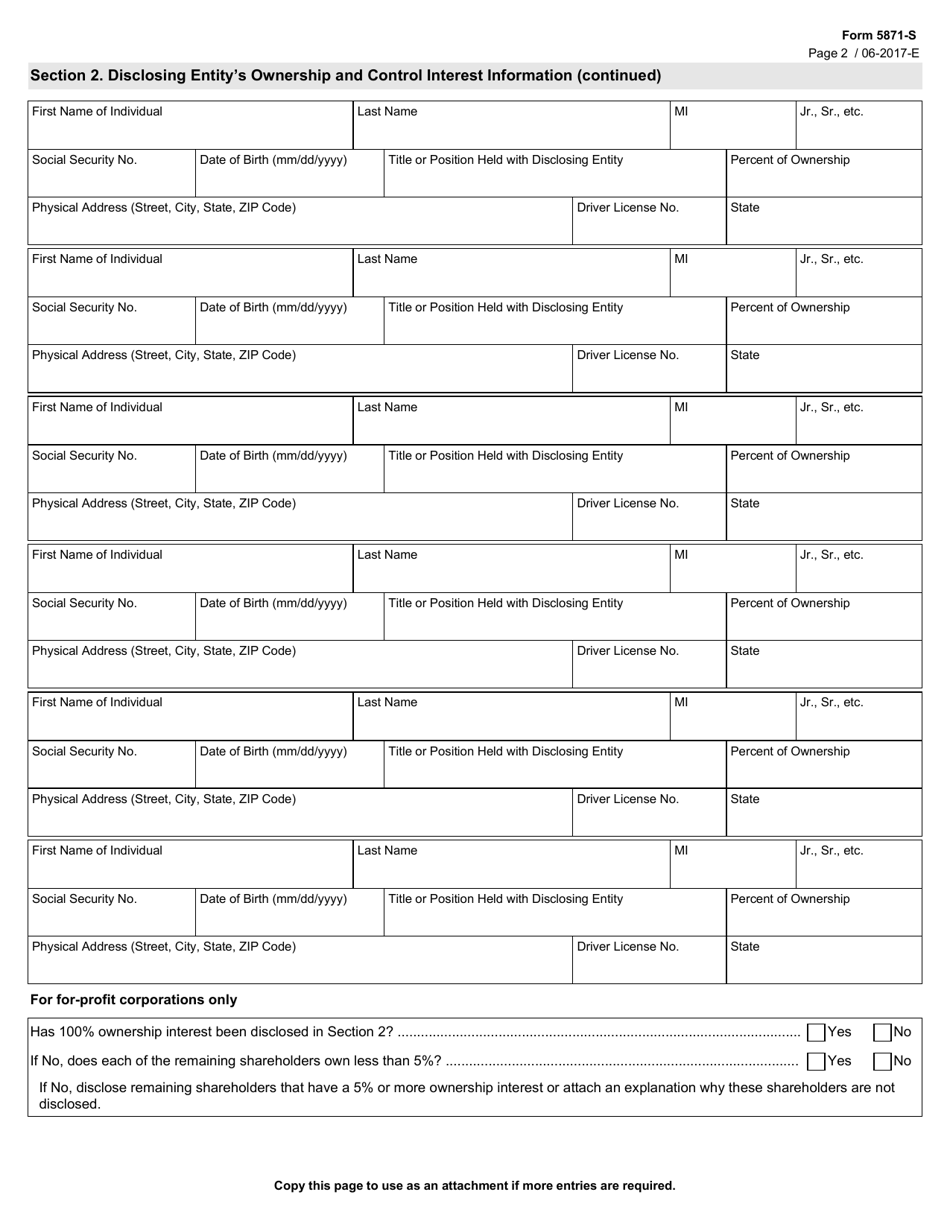 Form 5871-S Disclosure of Ownership and Control Statement Short Form - Texas, Page 2