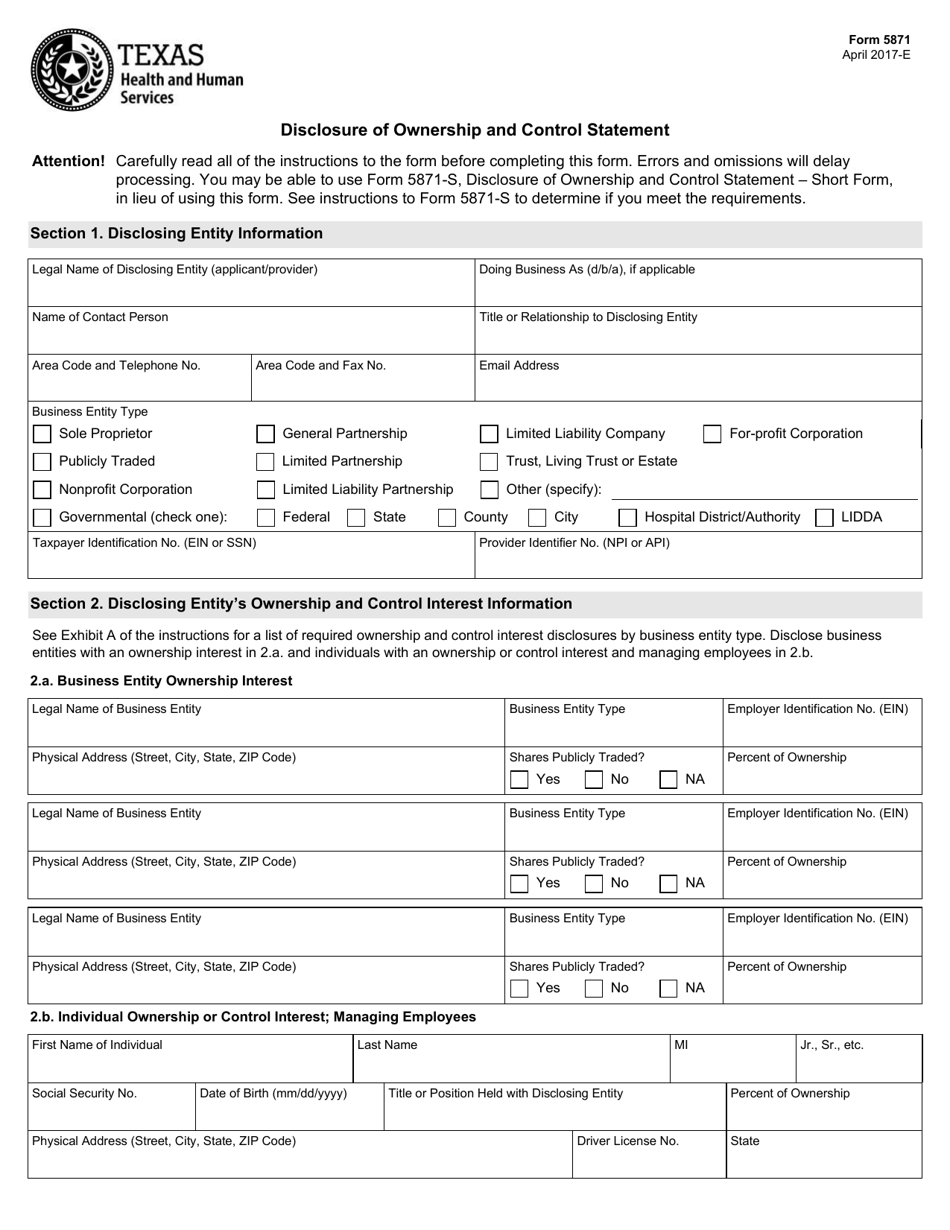 Form 5871 Disclosure of Ownership and Control Statement - Texas, Page 1