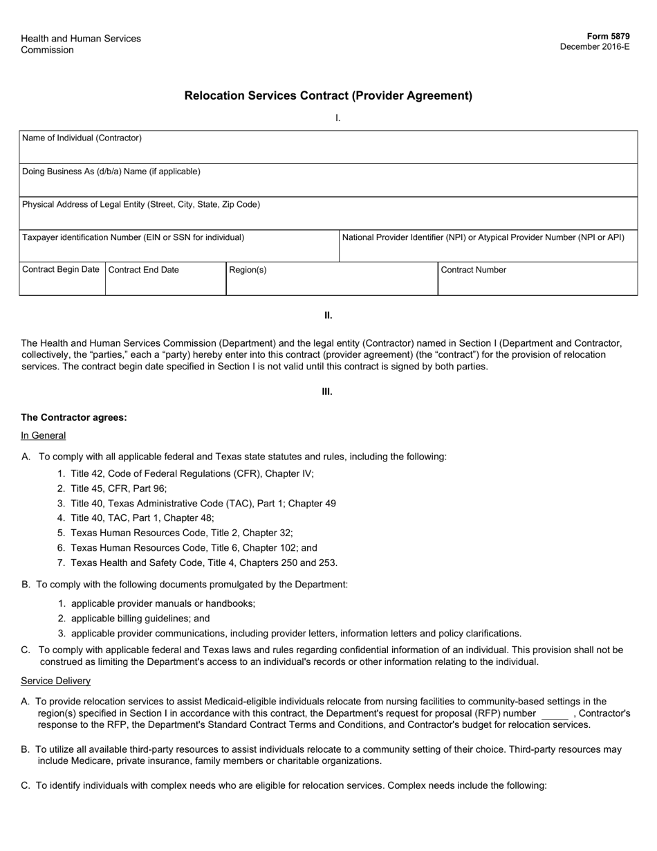 Form 5879 Relocation Services Contract (Provider Agreement) - Texas, Page 1