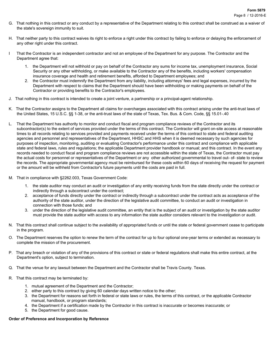 Form 5879 Relocation Services Contract (Provider Agreement) - Texas, Page 8