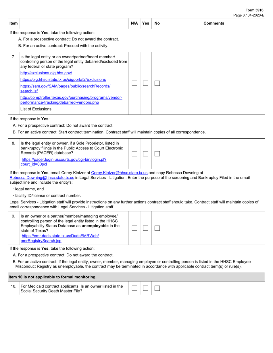 Form 5916 Applicant / Contractor Screening Criteria - Texas, Page 3