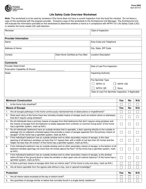 Form 5605 Life Safety Code Overview Worksheet - Texas