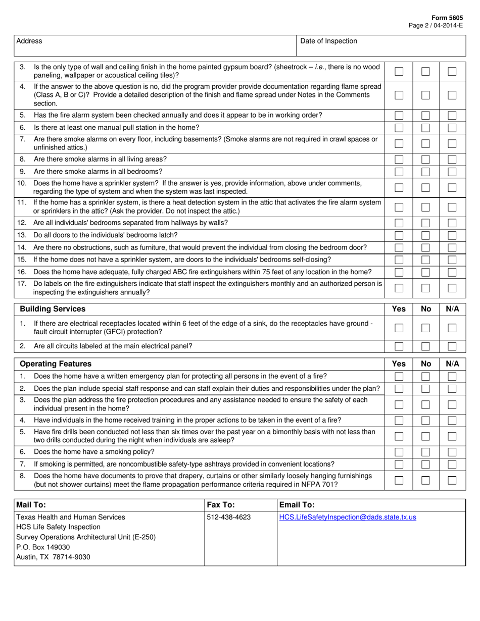 Form 5605 Life Safety Code Overview Worksheet - Texas, Page 2