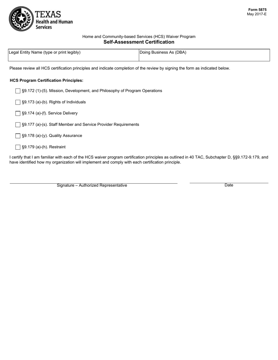 Form 5875 Hcs Waiver Program Self-assessment Certification - Texas, Page 1
