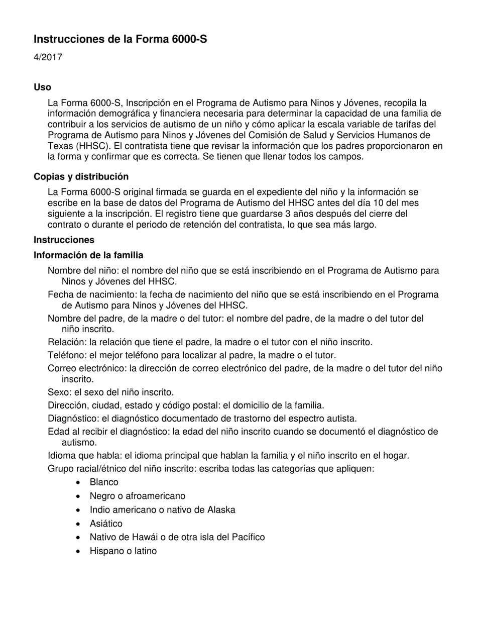 Instrucciones para Formulario 6000-S Inscripcion En El Programa De Autismo Infantil - Texas (Spanish), Page 1