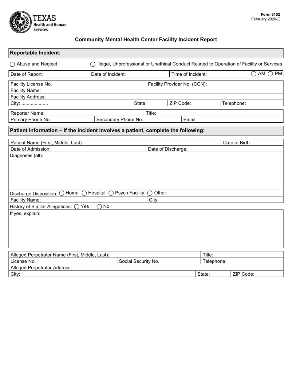 Form 6102 Community Mental Health Center Facility Incident Report - Texas, Page 1