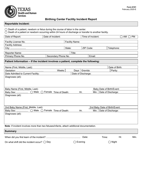 Form 6101 Birthing Center Facility Incident Report - Texas