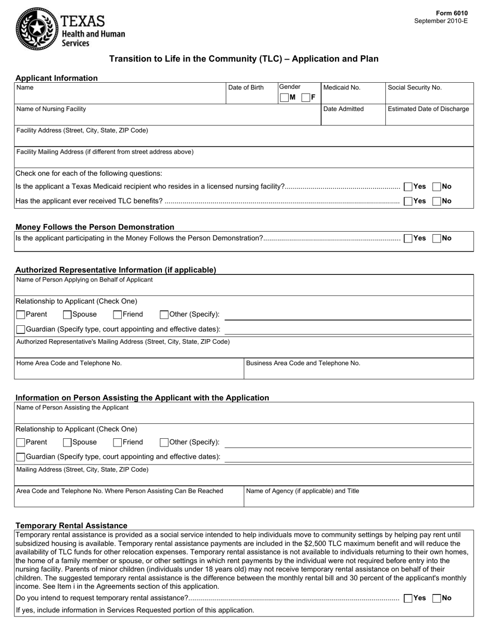 Form 6010 Transition to Life in the Community (Tlc) - Application and Plan - Texas, Page 1