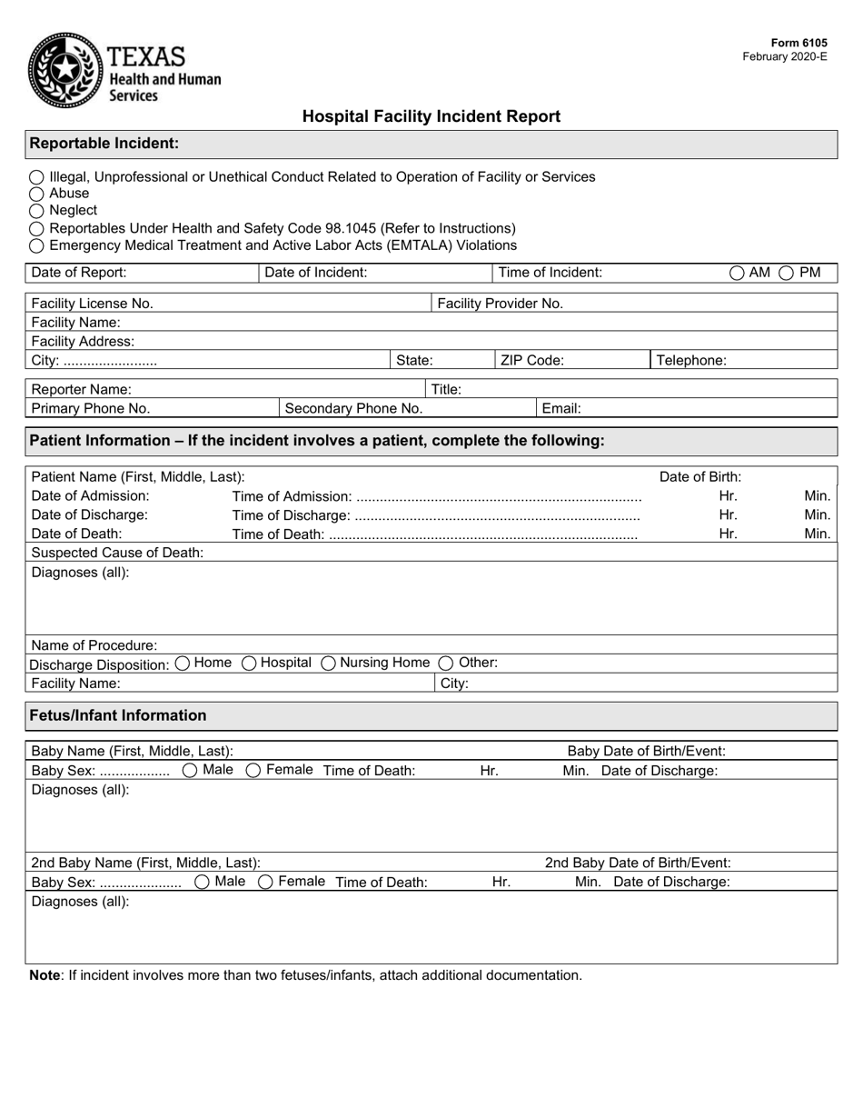 Form 6105 Hospital Facility Incident Report - Texas, Page 1