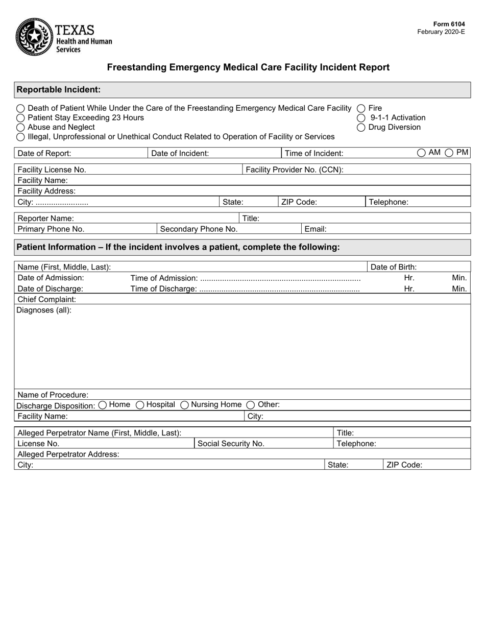 Form 6104 Freestanding Emergency Medical Care Facility Incident Report - Texas, Page 1