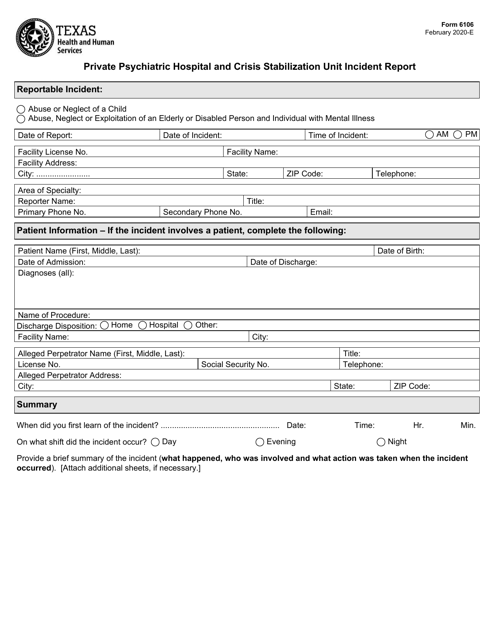 Form 6106 Private Psychiatric Hospital and Crisis Stabilization Unit Incident Report - Texas