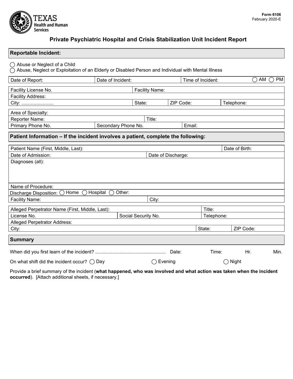 Form 6106 Private Psychiatric Hospital and Crisis Stabilization Unit Incident Report - Texas, Page 1