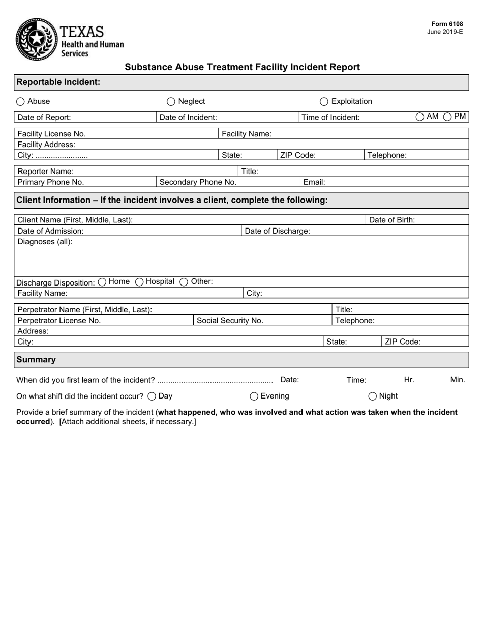 Form 6108 Substance Abuse Treatment Facility Incident Report - Texas, Page 1