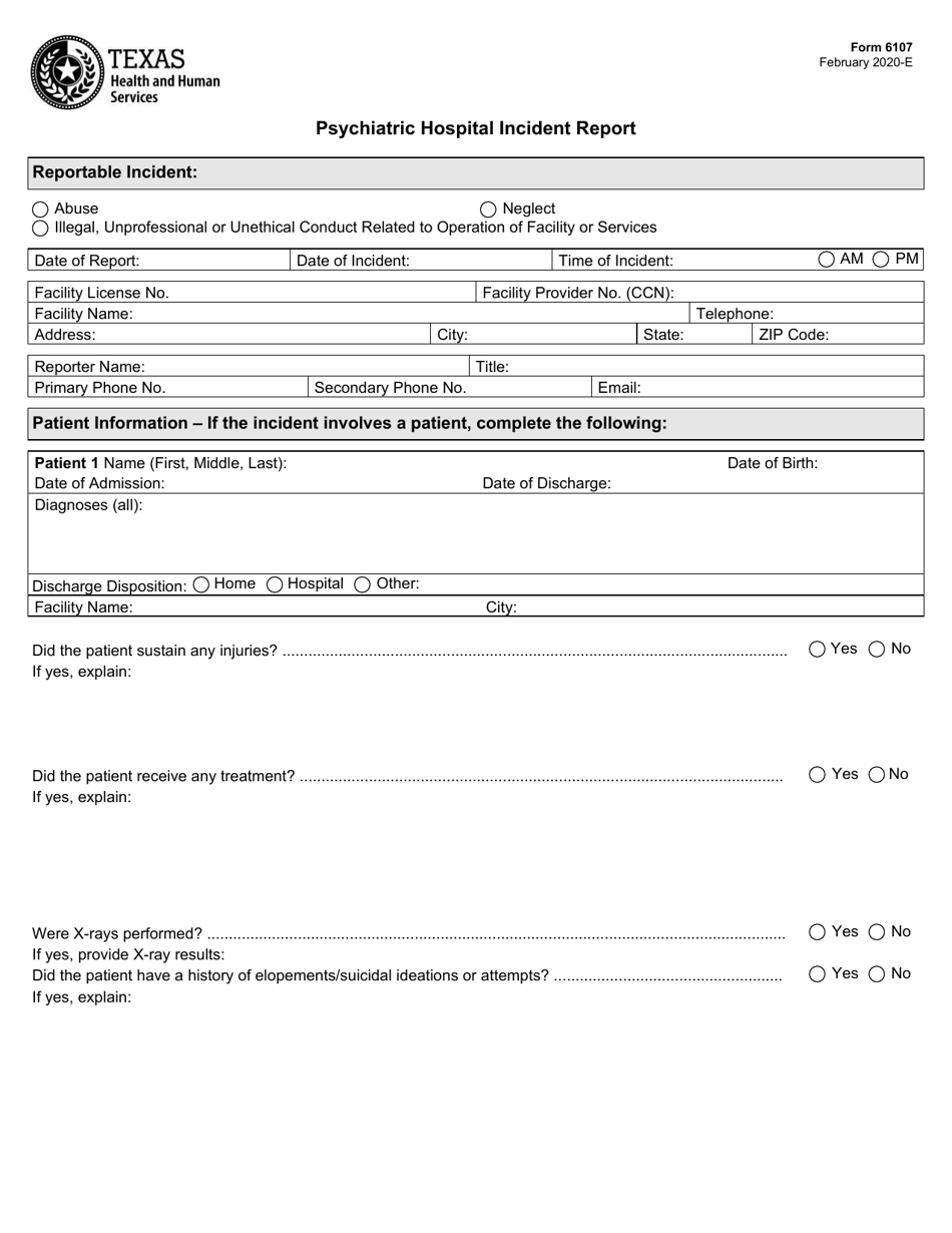 Form 6107 Psychiatric Hospital Incident Report - Texas, Page 1