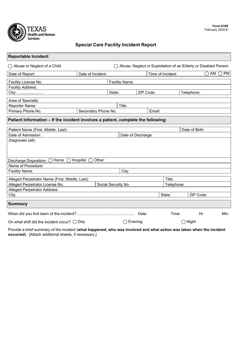 Form 6109 Special Care Facility Incident Report - Texas, Page 1