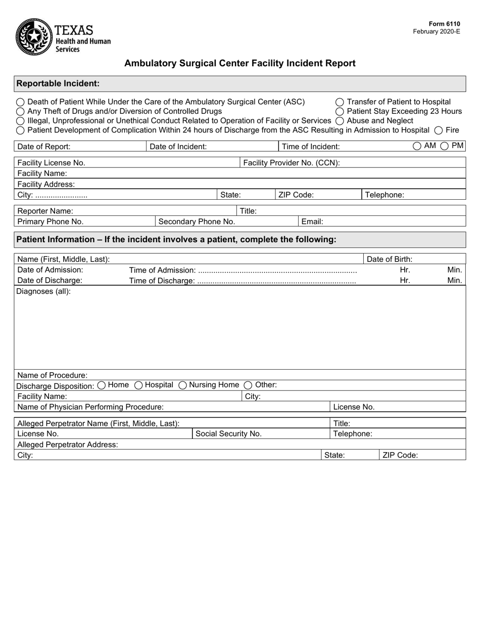 Form 6110 Ambulatory Surgical Center Facility Incident Report - Texas, Page 1