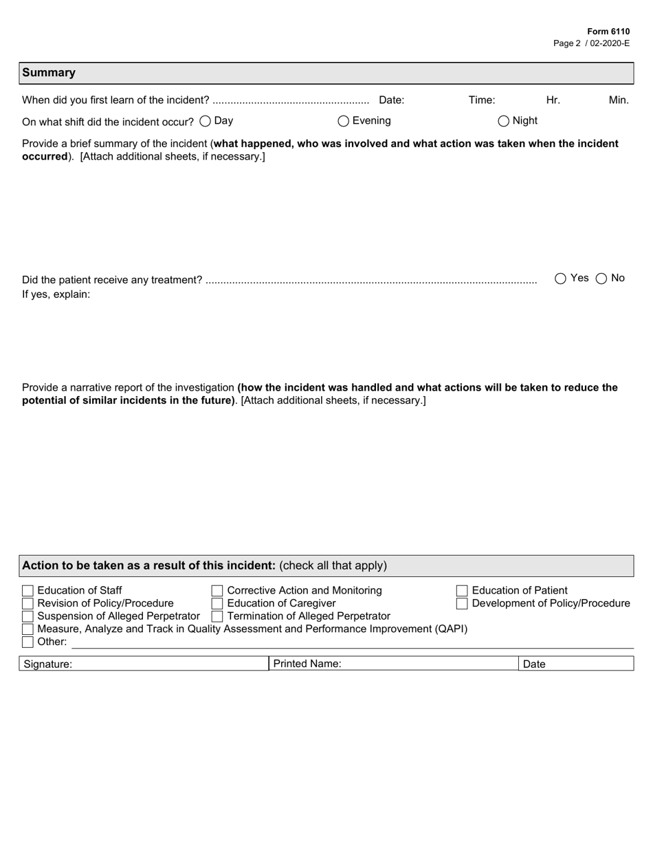 Form 6110 Ambulatory Surgical Center Facility Incident Report - Texas, Page 2