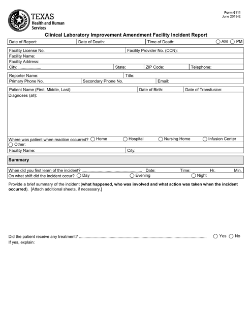 Form 6111 Clinical Laboratory Improvement Amendment Facility Incident Report - Texas