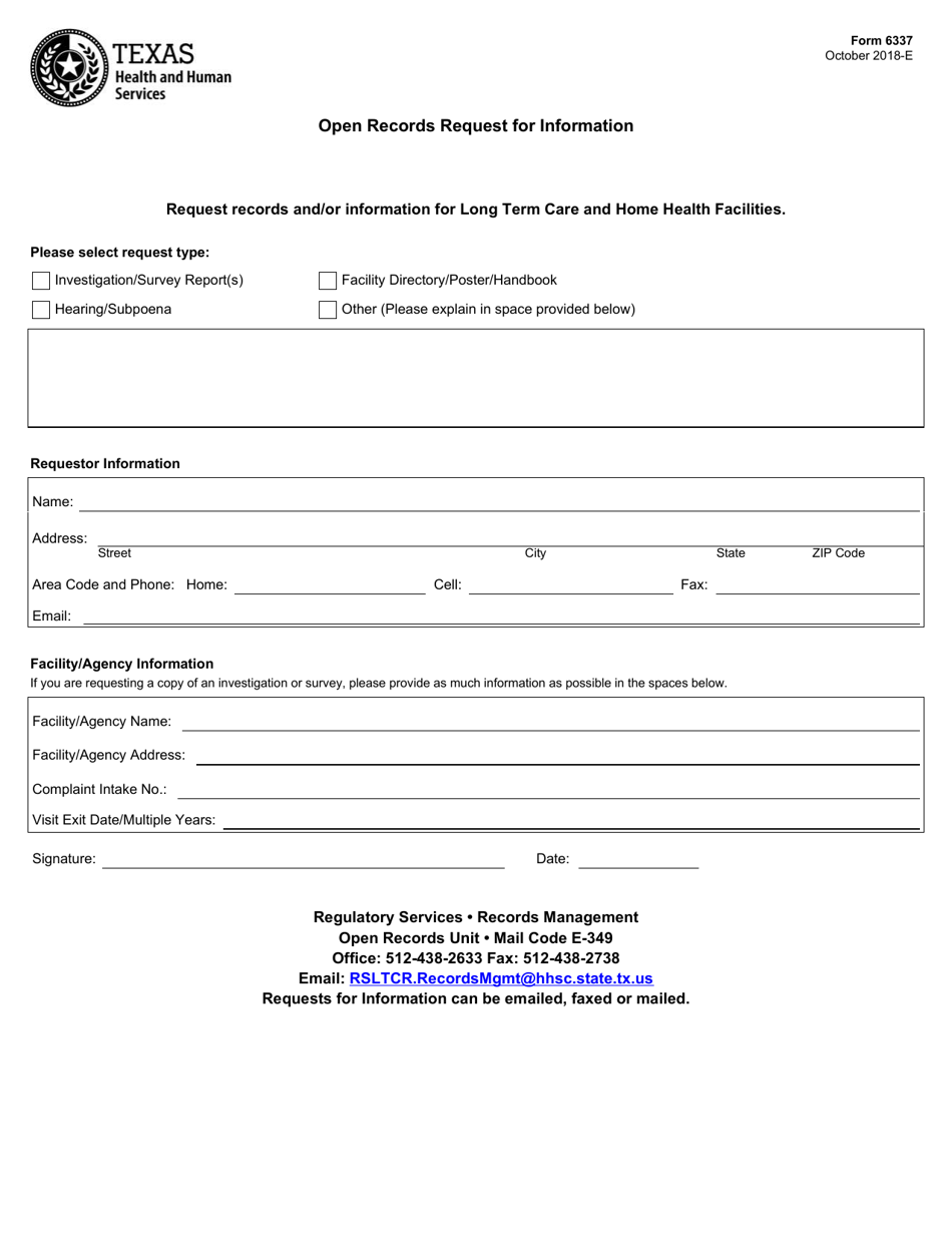 Form 6337 Open Records Request for Information - Texas, Page 1