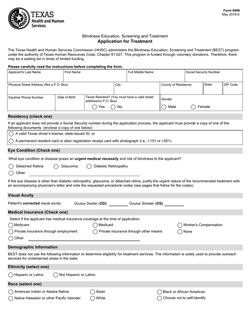 Form 6499 Application for Treatment - Texas, Page 1