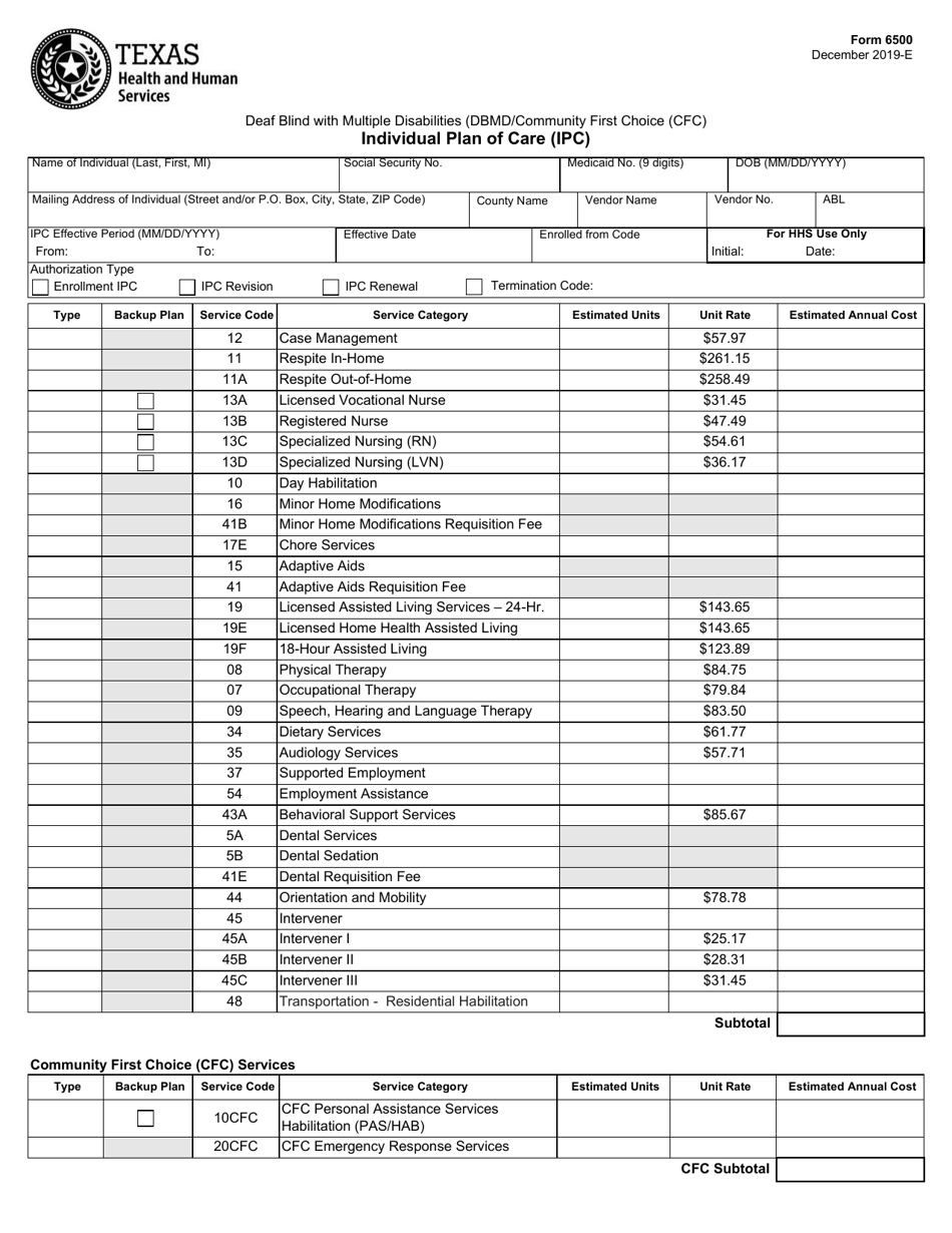 Form 6500 Individual Plan of Care (Ipc)  Dbmd / Cfc - Texas, Page 1