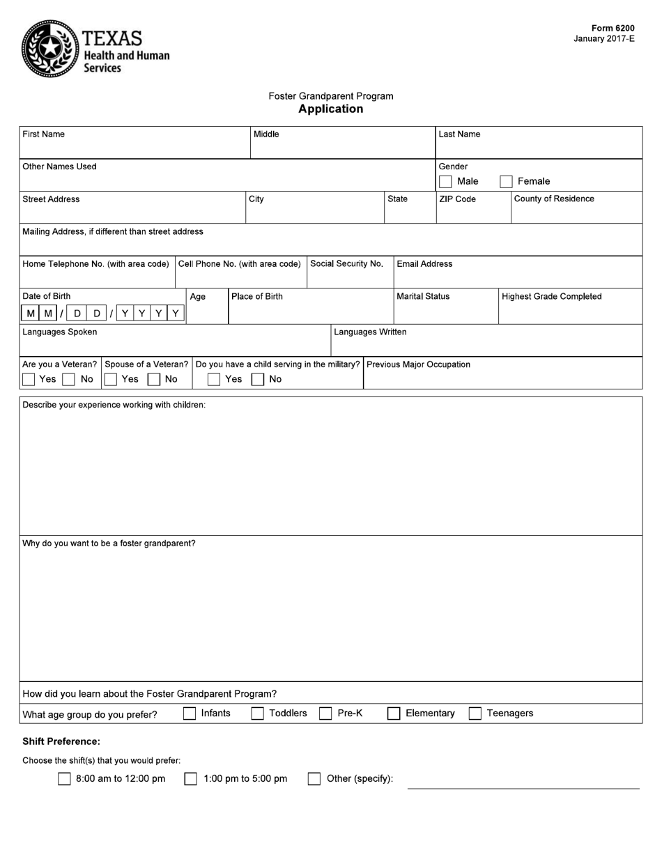 Form 6200 Foster Grandparent Program Application - Texas, Page 1