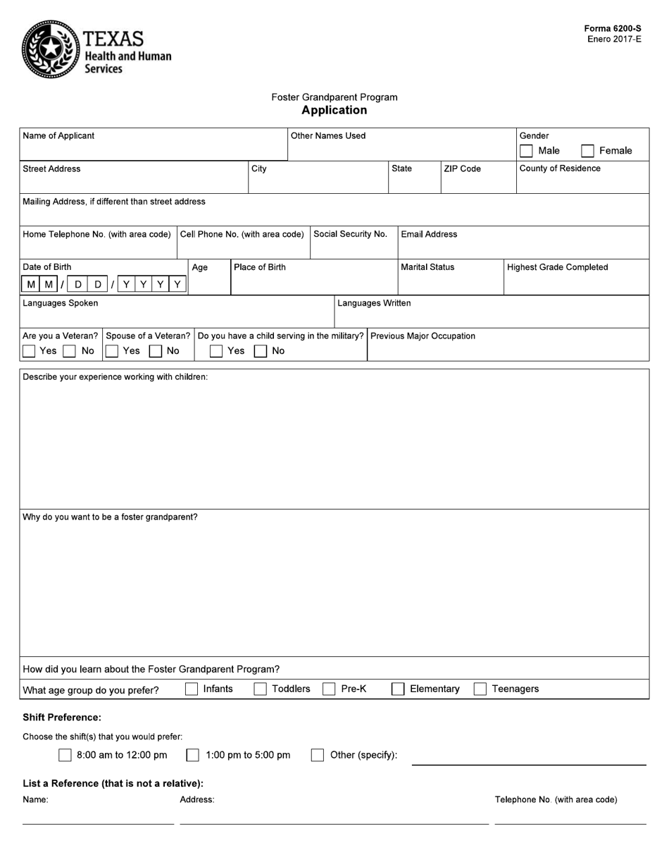 Form 6200-S Foster Grandparent Program Application - Texas (English / Spanish), Page 1