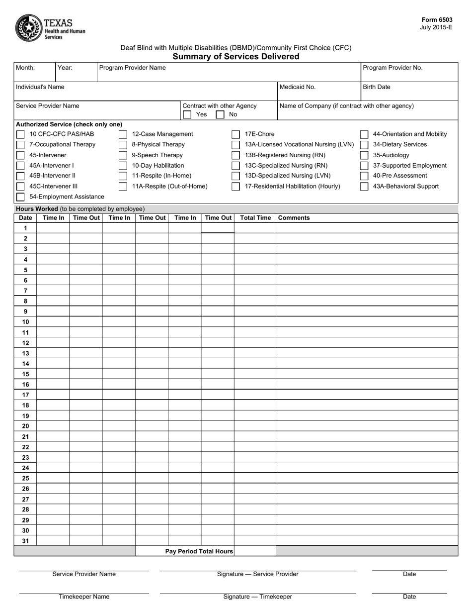 Form 6503 Deaf Blind With Multiple Disabilities (Dbmd) Community First Choice (Cfc) Summary of Services Delivered - Texas, Page 1