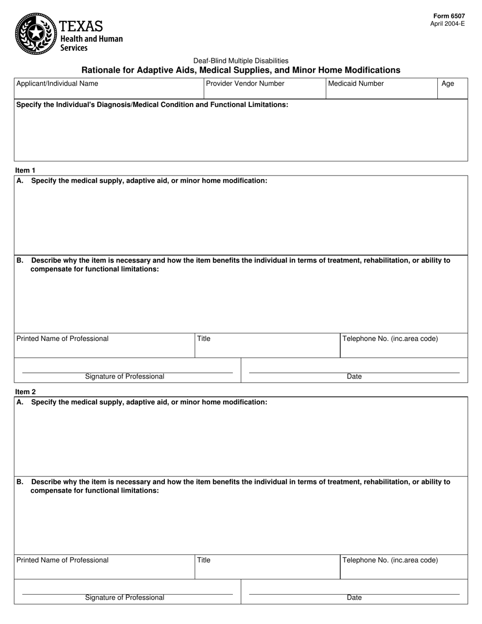 Form 6507 Rationale for Adaptive AIDS, Medical Supplies, and Minor Home Modifications - Texas, Page 1