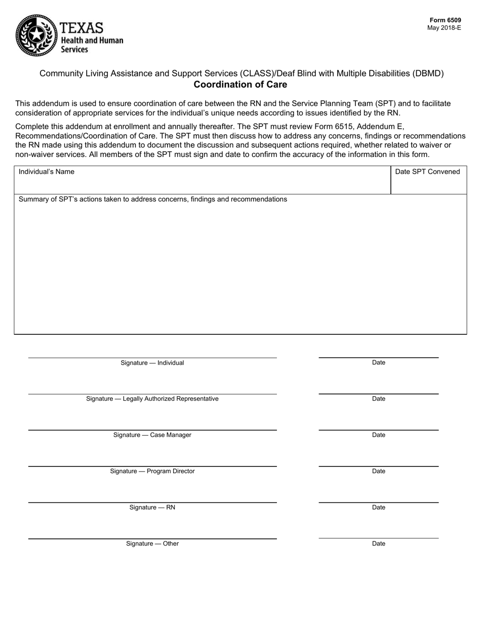 Form 6509 Class / Dbmd Coordination of Care - Texas, Page 1