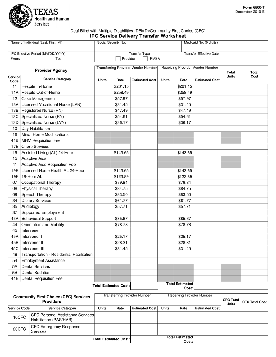 Form 6500-T Ipc Service Delivery Transfer Worksheet - Texas, Page 1