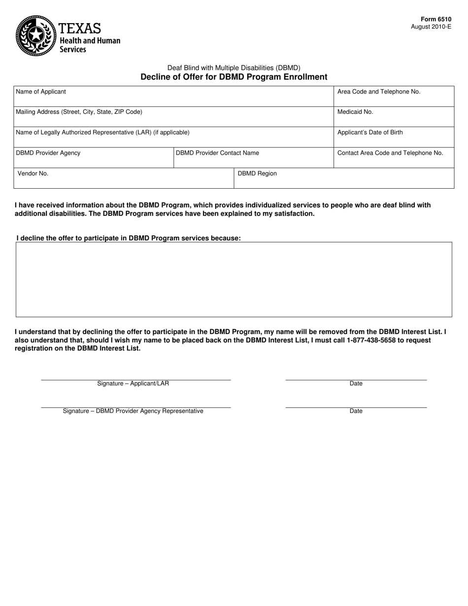 Form 6510 Decline of Offer for Dbmd Program Enrollment - Texas, Page 1