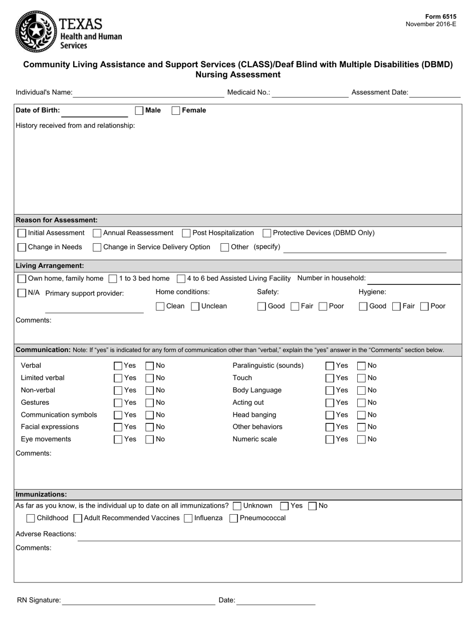 Form 6515 Community Living Assistance and Support Services (Class) / Deaf Blind With Blind With Multiple Disabilities (Dbmd) Nursing Assessment - Texas, Page 1