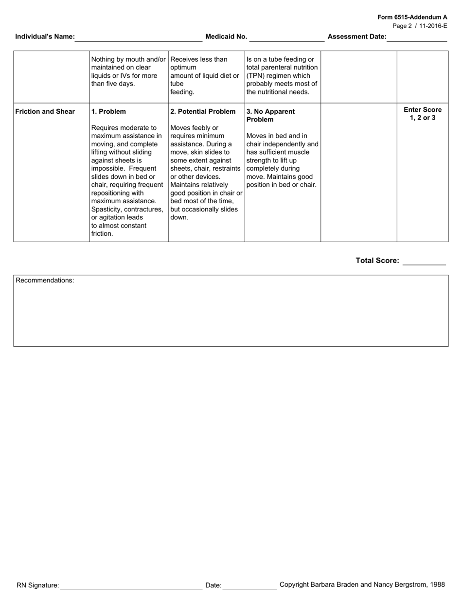 Form 6515 Addendum A Braden Scale for Predicting Pressure Sore Risk in Home Care - Texas, Page 2