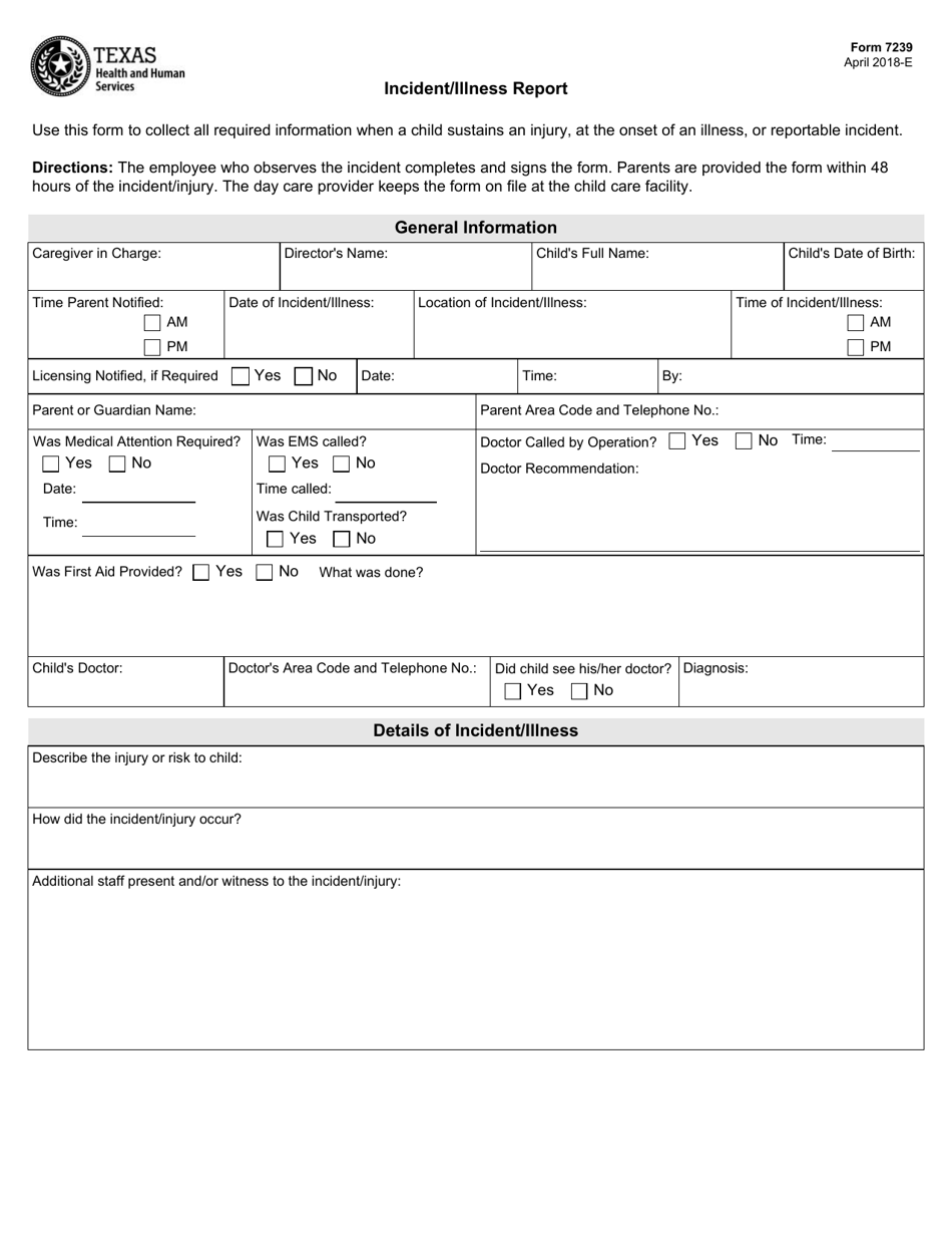 Form 7239 Incident / Illness Report - Texas, Page 1