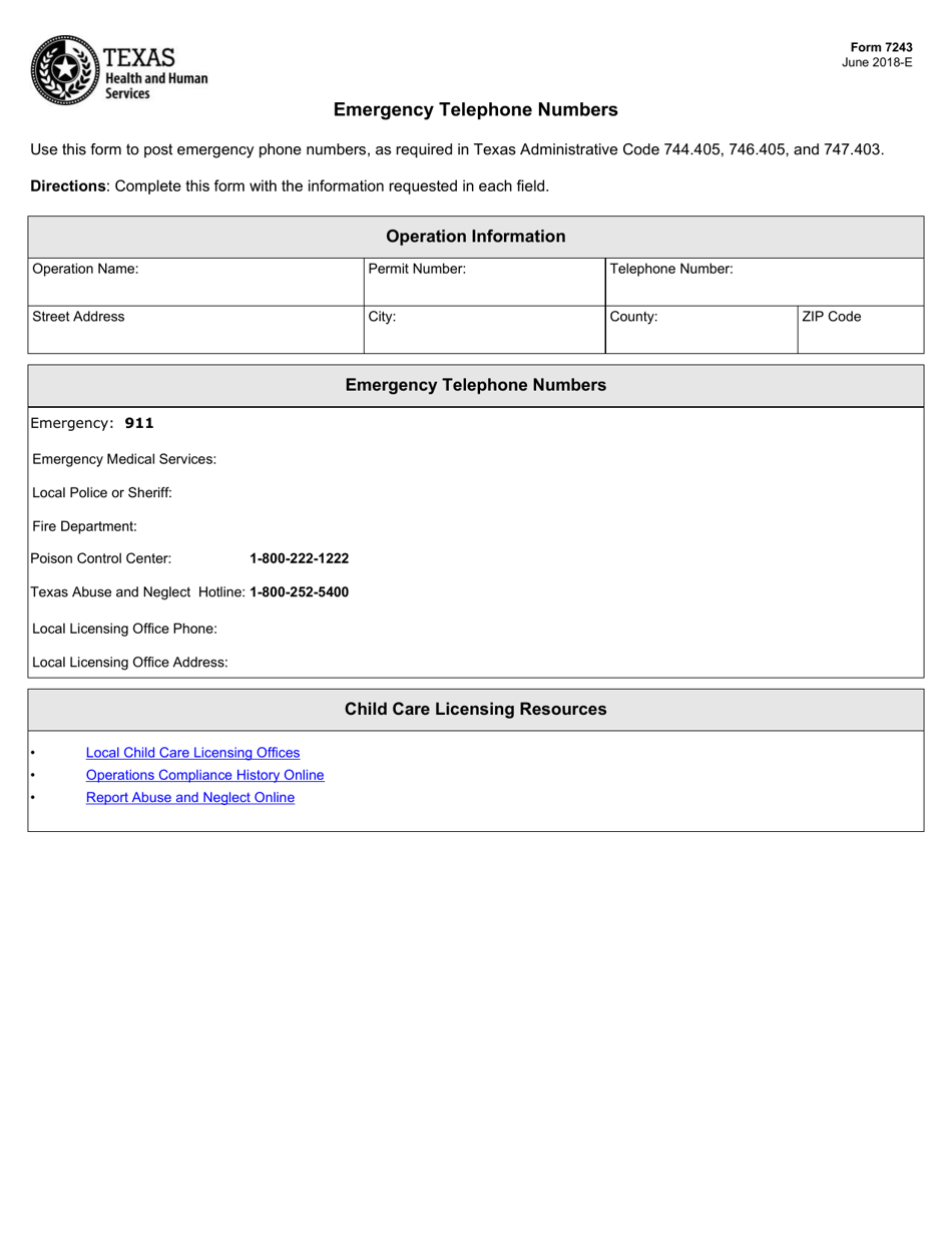 Form 7243 Download Fillable PDF or Fill Online Emergency Telephone Numbers Texas | Templateroller