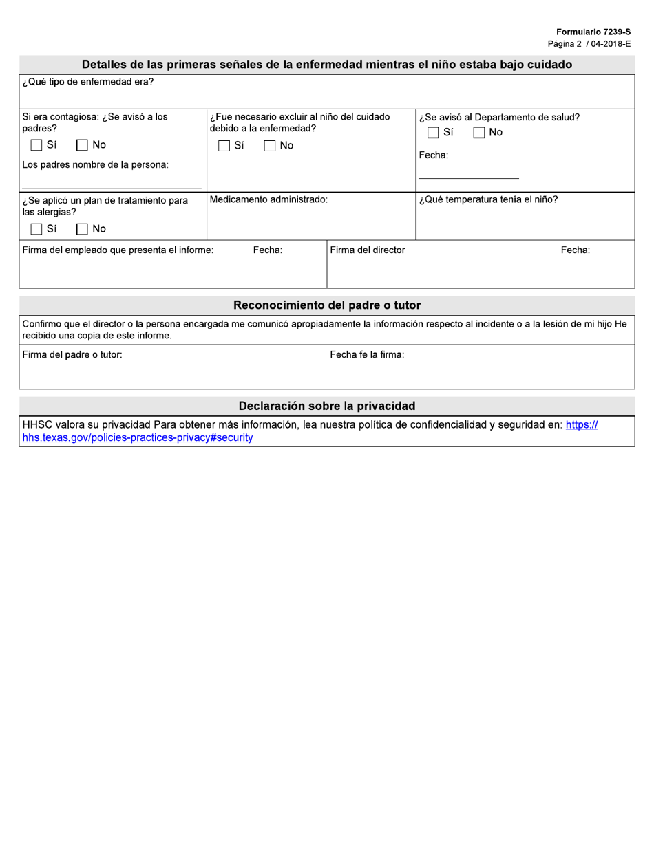 Formulario 7239-S Informe De Enfermedad O Incidente - Texas (Spanish), Page 2
