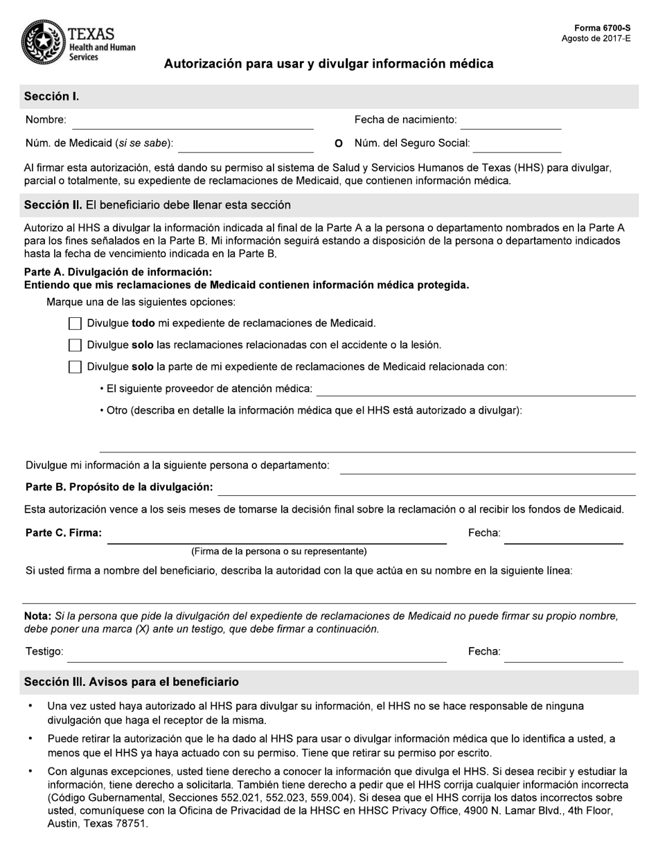 Formulario 6700-S Autorizacion Para USAR Y Divulgar Informacion Medica - Texas (Spanish), Page 1